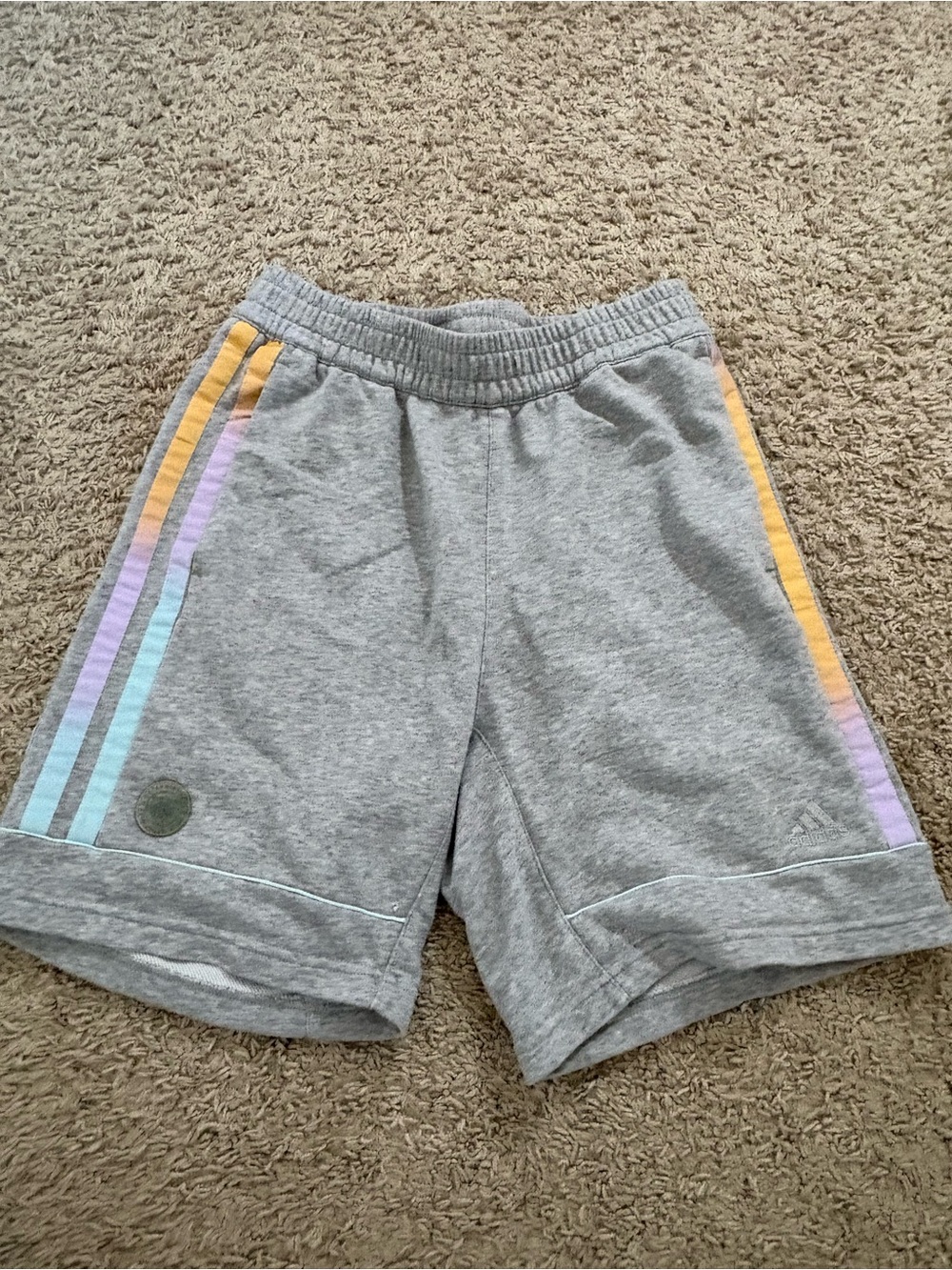 adidas Gray Shorts with Pastel Yellow, Lavender and Light Blue Stripes